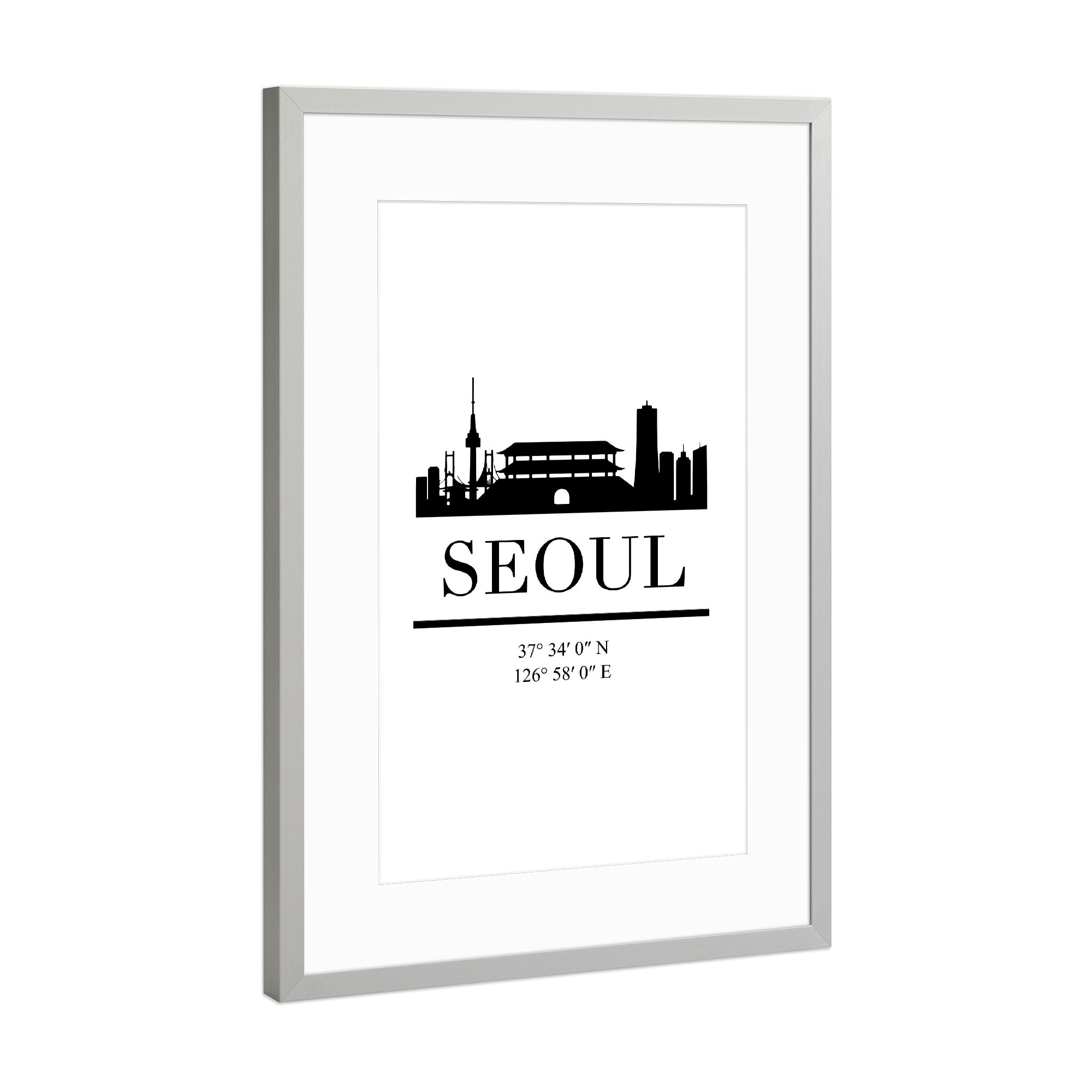 Poster mit Rahmen Silber "SEOUL SOUTH KOREA BLACK SKYLINE" artboxONE - Städte,Schwarzweiß,Städte / Weitere