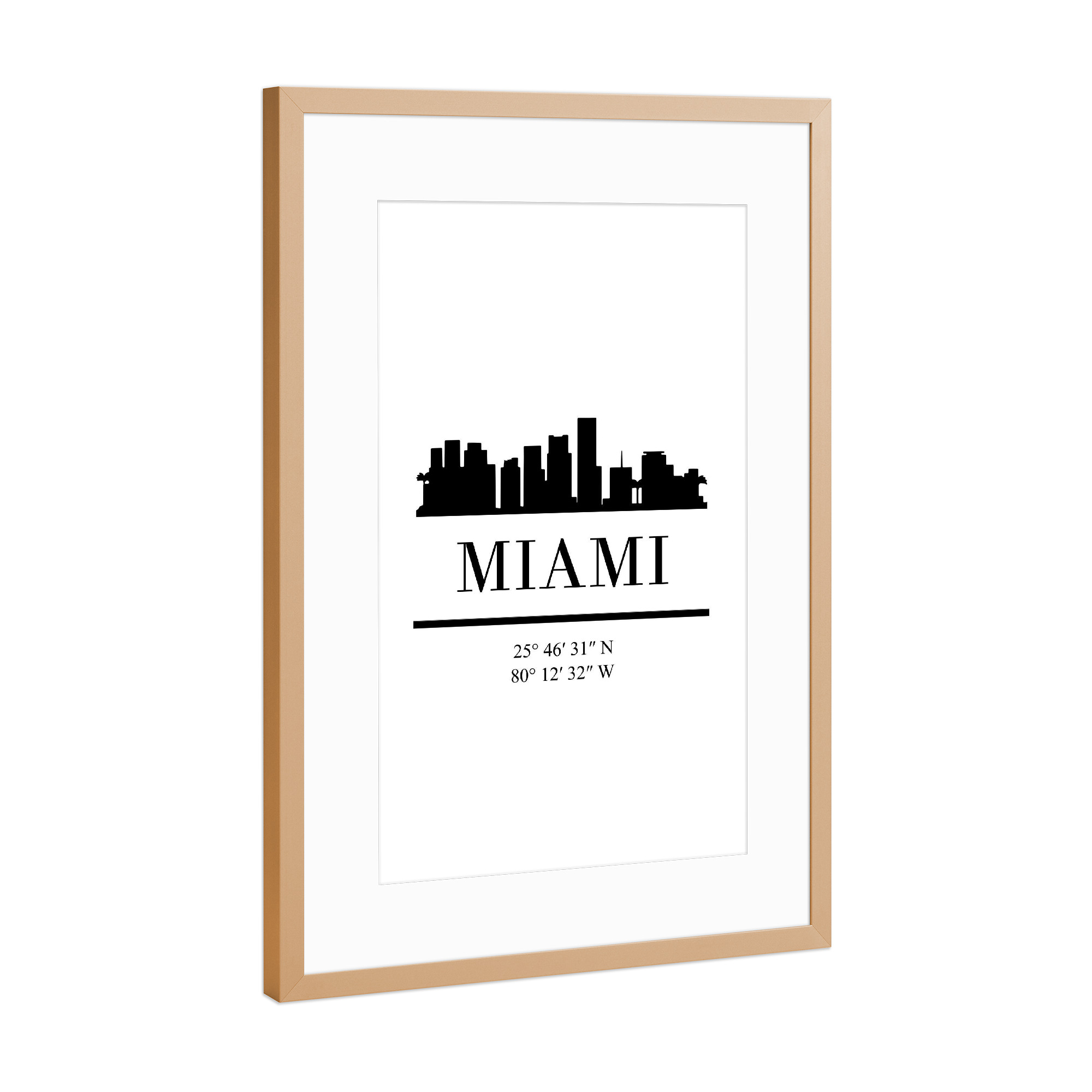 Poster mit Rahmen Kupfer "MIAMI FLORIDA BLACK SKYLINE ART" artboxONE - Städte,Reise,Schwarzweiß,Städte / Weitere,Kartografie