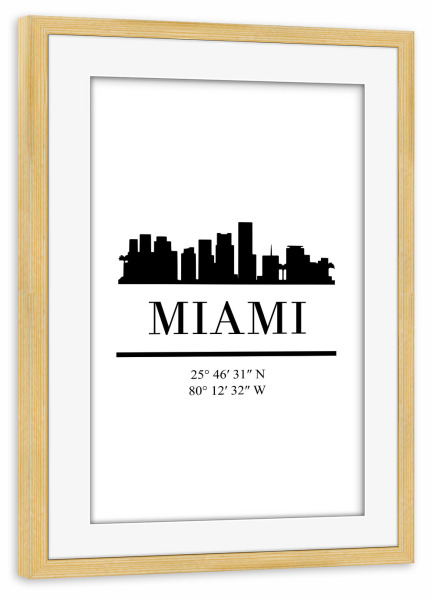 Poster mit Rahmen kiefer "MIAMI FLORIDA BLACK SKYLINE ART" artboxONE - Städte,Reise,Schwarzweiß,Städte / Weitere,Kartografie