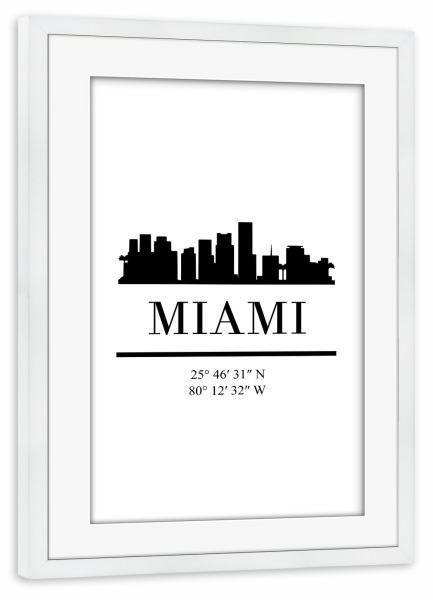 Poster mit Rahmen weiß "MIAMI FLORIDA BLACK SKYLINE ART" artboxONE - Städte,Reise,Schwarzweiß,Städte / Weitere,Kartografie