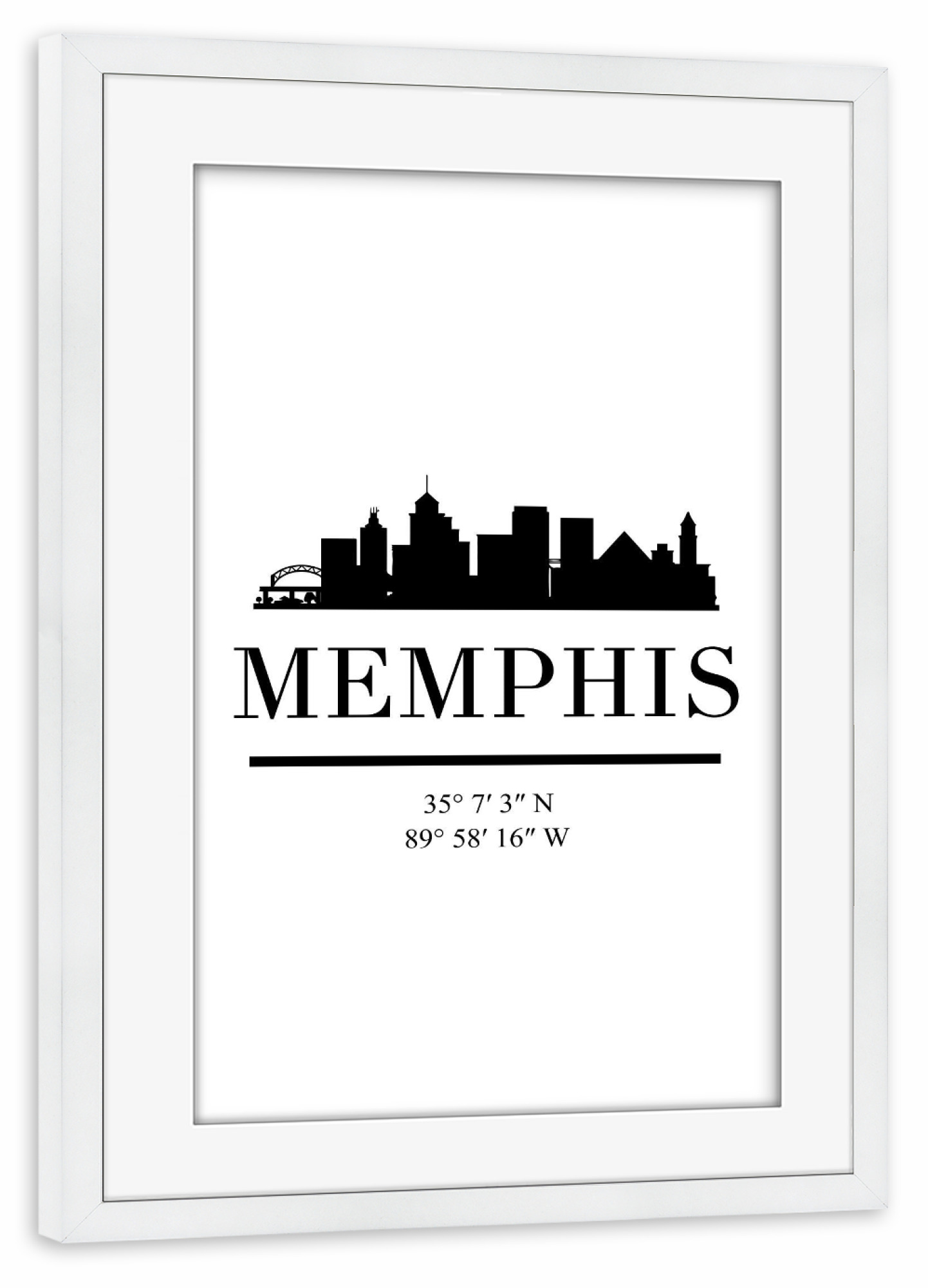 Poster mit Rahmen weiß "MEMPHIS TENNESSEE BLACK SKYLINE" artboxONE - Städte,Reise,Schwarzweiß,Städte / Weitere,Kartografie