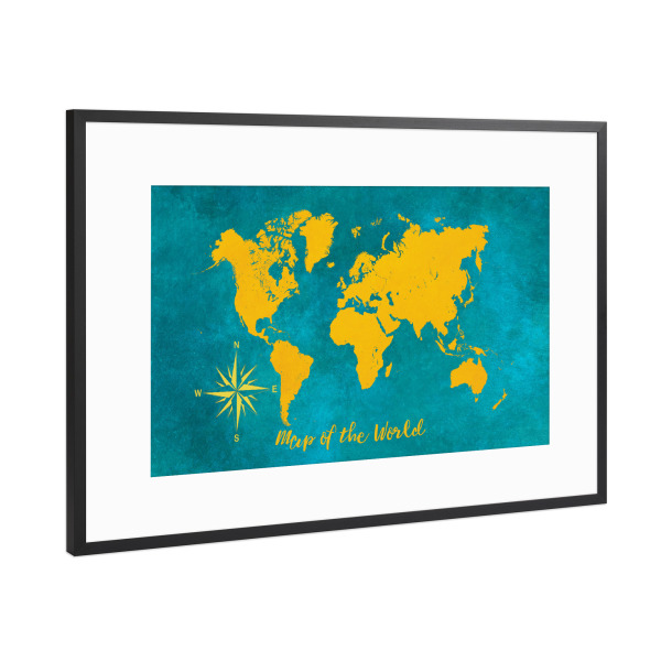 Poster mit Rahmen Schwarz (Metallic) "World map yellow blue" artboxONE - Reise,Kartografie