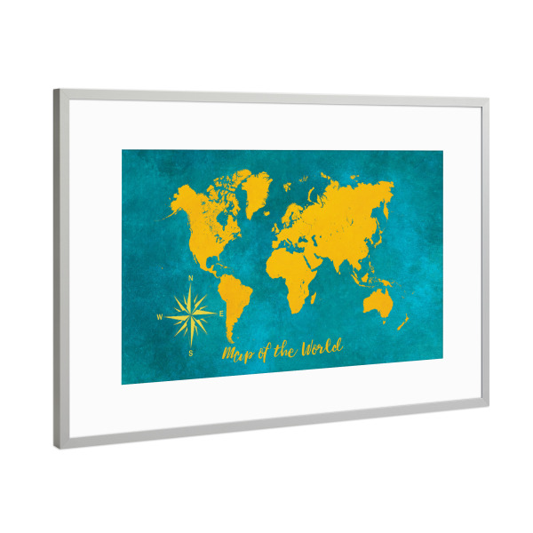 Poster mit Rahmen Silber "World map yellow blue" artboxONE - Reise,Kartografie