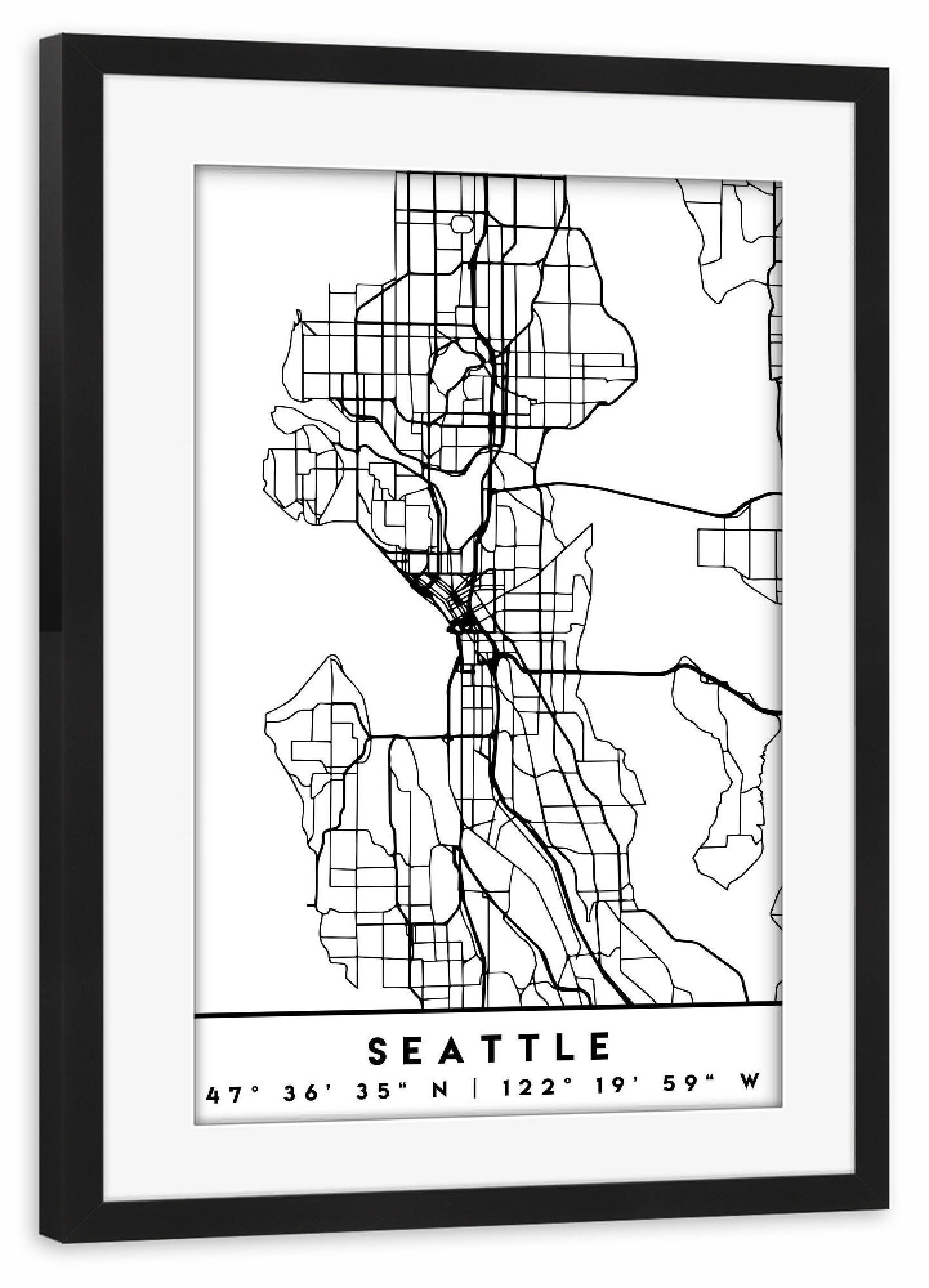 Poster mit Rahmen schwarz "SEATTLE WASHINGTON BLACK CITY MAP" artboxONE - Städte,Reise,Schwarzweiß,Städte / Weitere,Kartografie