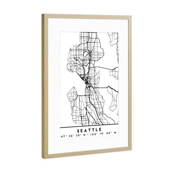 Poster mit Rahmen Gold "SEATTLE WASHINGTON BLACK CITY MAP" artboxONE - Städte,Reise,Schwarzweiß,Städte / Weitere,Kartografie