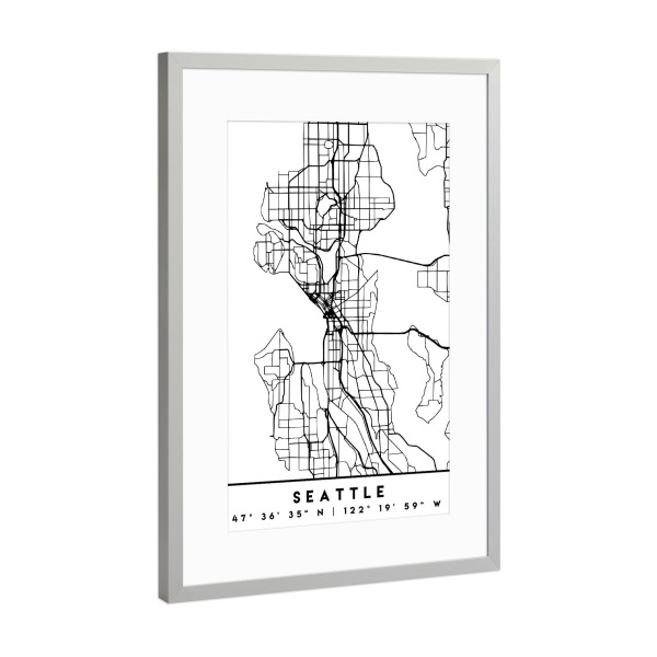 Poster mit Rahmen Silber "SEATTLE WASHINGTON BLACK CITY MAP" artboxONE - Städte,Reise,Schwarzweiß,Städte / Weitere,Kartografie