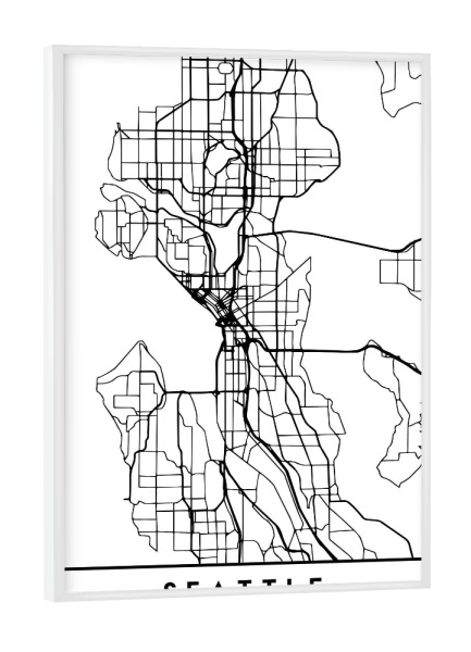 Poster mit weißem Rahmen "SEATTLE WASHINGTON BLACK CITY MAP" artboxONE - Städte,Reise,Schwarzweiß,Städte / Weitere,Kartografie