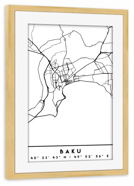 Poster mit Rahmen kiefer "BAKU AZERBAIJAN BLACK CITY MAP" artboxONE - Städte,Reise,Schwarzweiß,Städte / Weitere,Kartografie