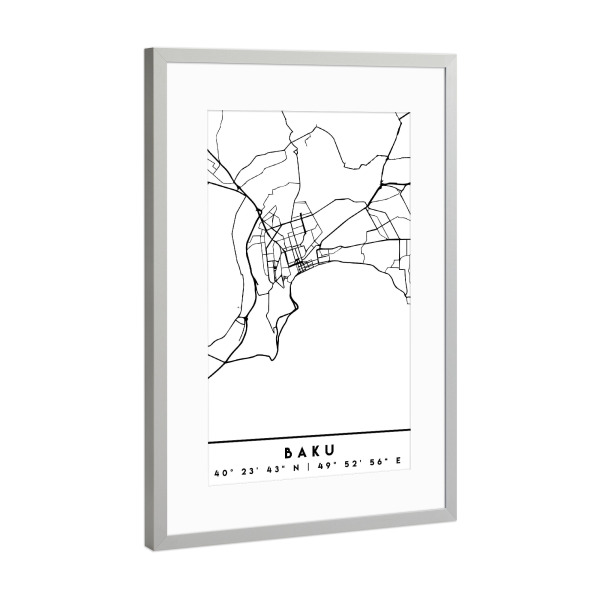Poster mit Rahmen Silber "BAKU AZERBAIJAN BLACK CITY MAP" artboxONE - Städte,Reise,Schwarzweiß,Städte / Weitere,Kartografie
