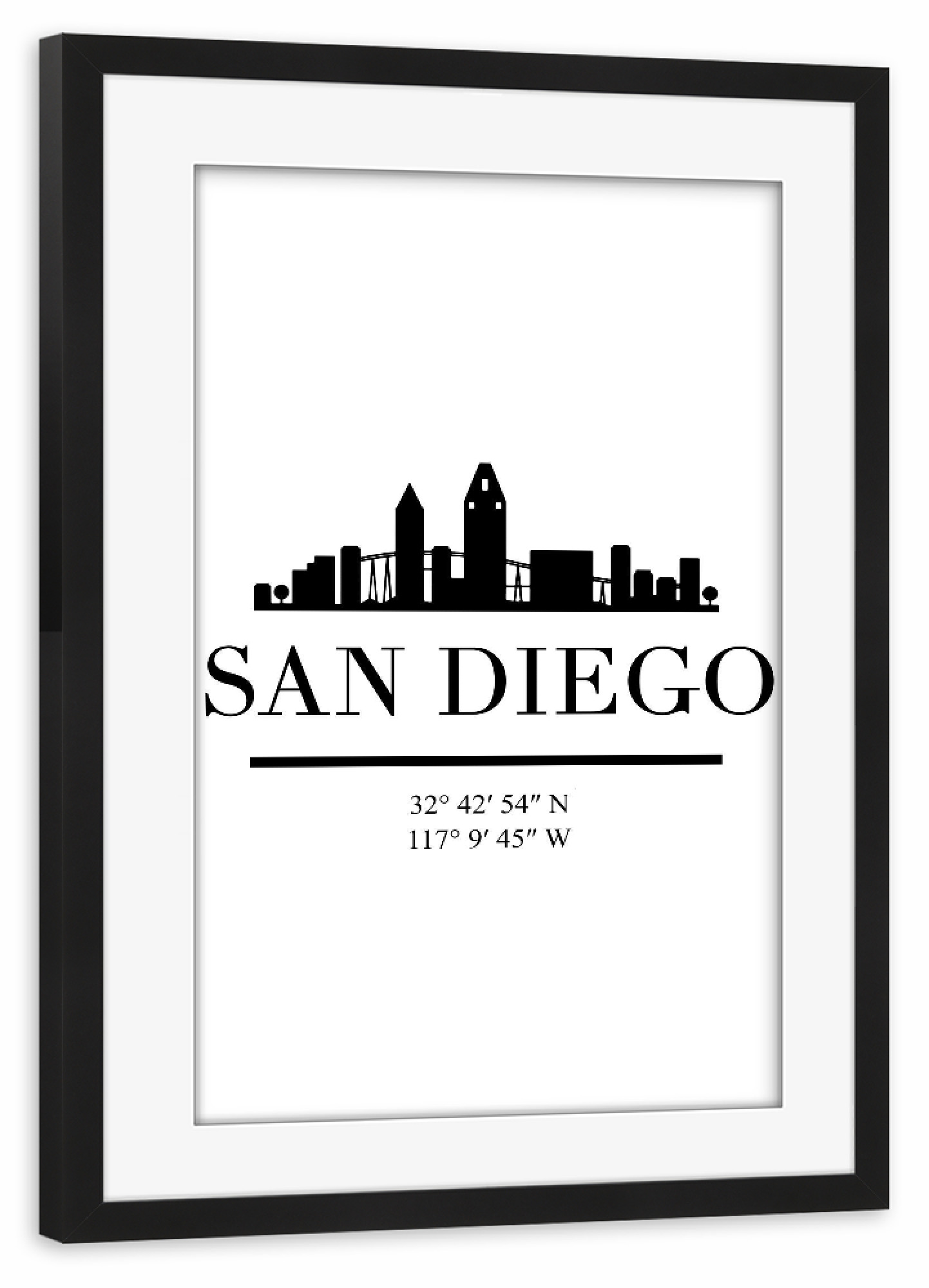 Poster mit Rahmen schwarz "SAN DIEGO CALIFORNIA BLACK SKYLINE" artboxONE - Städte,Schwarzweiß,Städte / Weitere