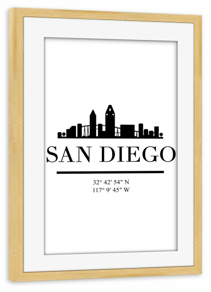 Poster mit Rahmen kiefer "SAN DIEGO CALIFORNIA BLACK SKYLINE" artboxONE - Städte,Schwarzweiß,Städte / Weitere