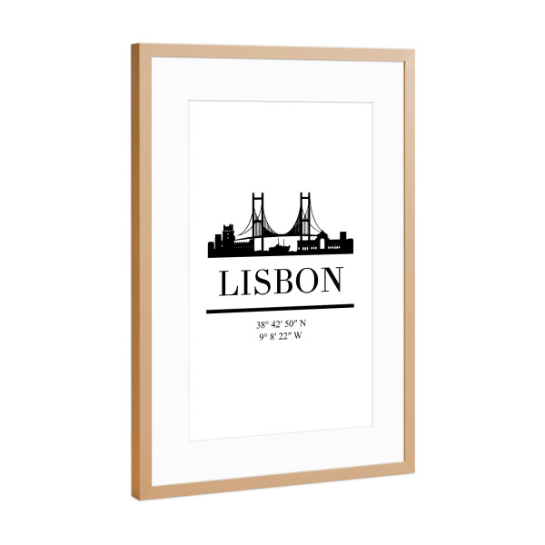 Poster mit Rahmen Kupfer "LISBON PORTUGAL BLACK SKYLINE ART" artboxONE - Städte,Reise,Schwarzweiß,Städte / Weitere,Kartografie