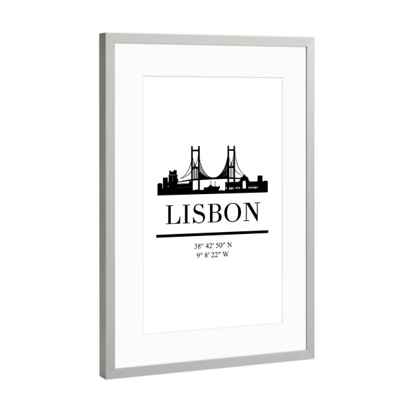 Poster mit Rahmen Silber "LISBON PORTUGAL BLACK SKYLINE ART" artboxONE - Städte,Reise,Schwarzweiß,Städte / Weitere,Kartografie