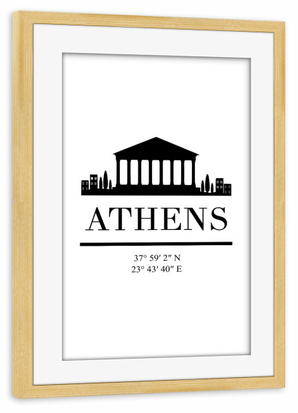 Poster mit Rahmen kiefer "ATHENS GREECE BLACK SKYLINE ART" artboxONE - Städte,Schwarzweiß,Städte / Weitere - Athen,Griechenland,Skline,Koordinaten