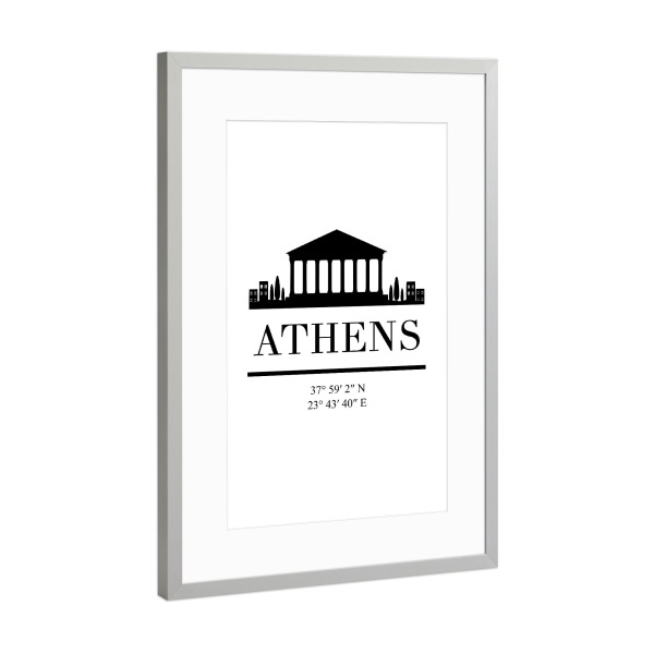 Poster mit Rahmen Silber "ATHENS GREECE BLACK SKYLINE ART" artboxONE - Städte,Schwarzweiß,Städte / Weitere - Athen,Griechenland,Skline,Koordinaten