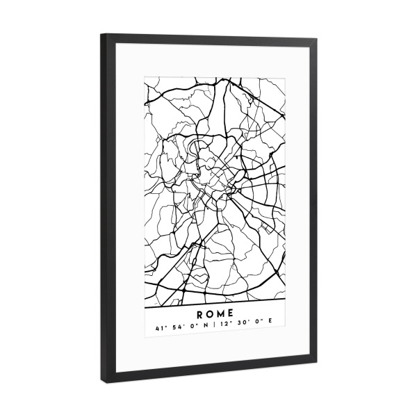Poster mit Rahmen Schwarz (Metallic) "ROME ITALY BLACK CITY MAP" artboxONE - Städte,Schwarzweiß,Städte / Rom,Kartografie