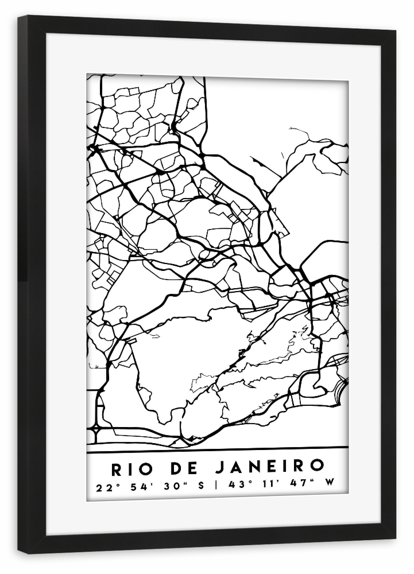 Poster mit Rahmen schwarz "RIO DE JANEIRO BRAZIL CITY MAP" artboxONE - Städte,Schwarzweiß,Städte / Rio de Janeiro,Kartografie