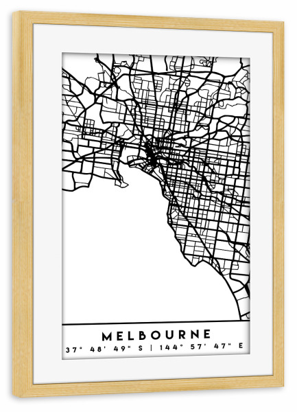 Poster mit Rahmen kiefer "MELBOURNE AUSTRALIA CITY MAP" artboxONE - Städte,Schwarzweiß,Städte / Weitere,Kartografie