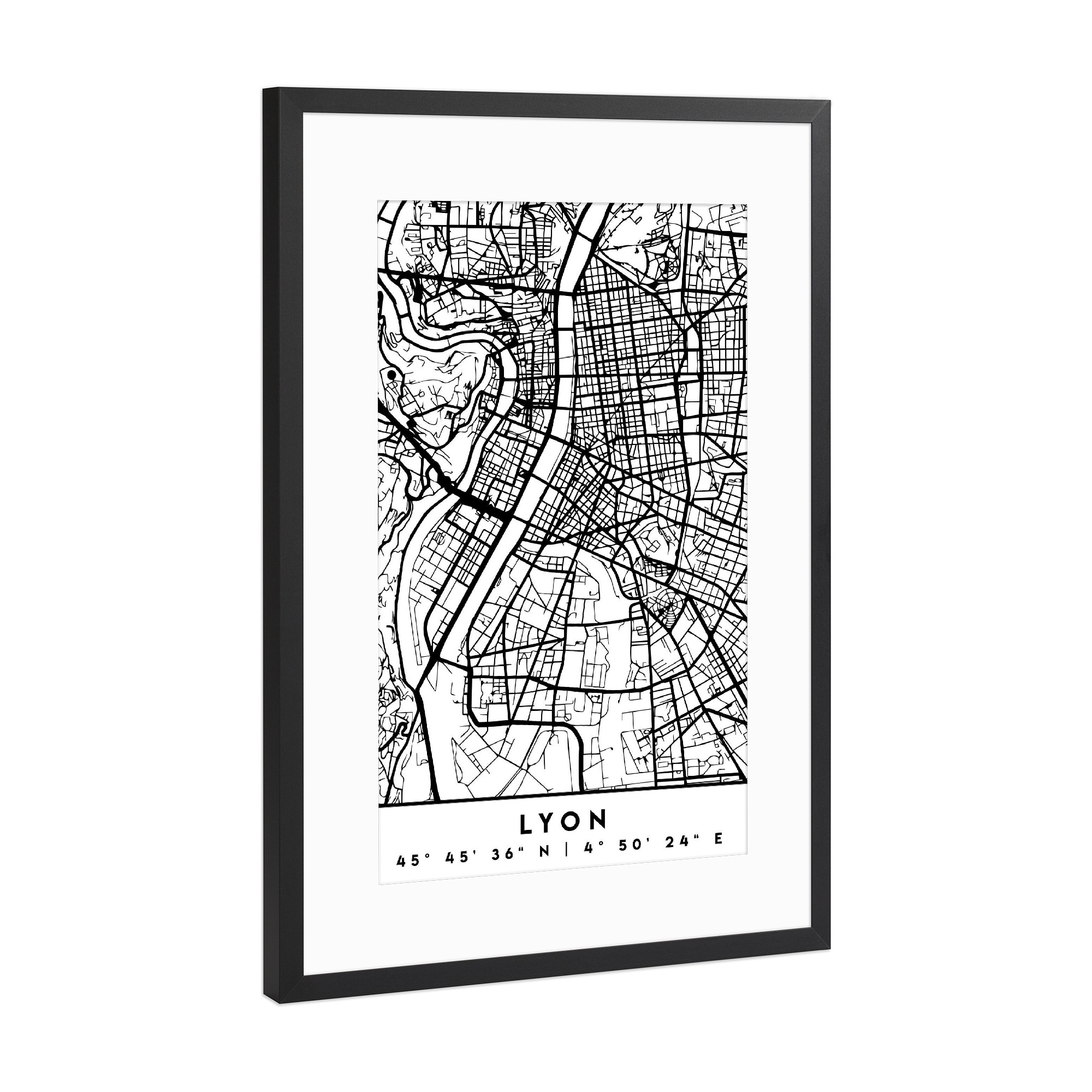 Poster mit Rahmen Schwarz (Metallic) "LYON FRANCE BLACK CITY MAP" artboxONE - Städte,Reise,Schwarzweiß,Städte / Weitere