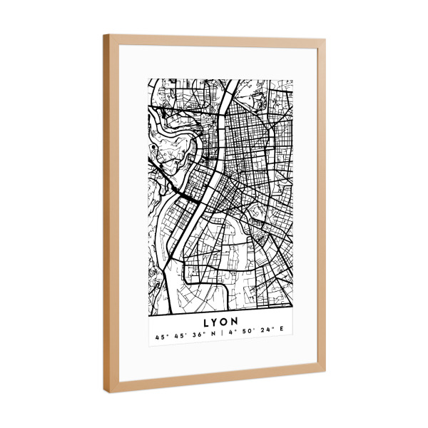 Poster mit Rahmen Kupfer "LYON FRANCE BLACK CITY MAP" artboxONE - Städte,Reise,Schwarzweiß,Städte / Weitere