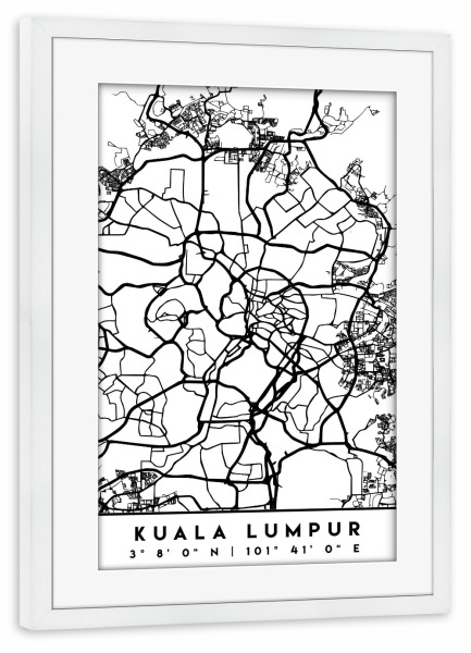 Poster mit Rahmen weiß "KUALA LUMPUR MALAYSIA CITY MAP" artboxONE - Städte,Schwarzweiß,Städte / Weitere,Kartografie