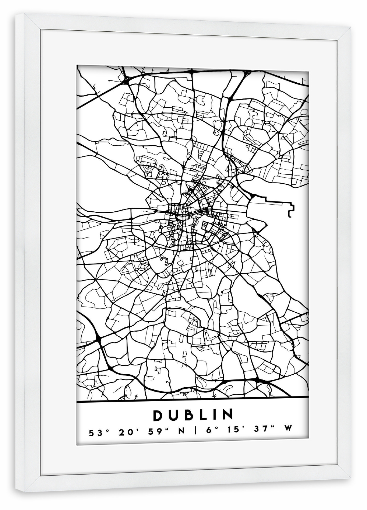 Poster mit Rahmen weiß "DUBLIN IRELAND BLACK CITY MAP" artboxONE - Städte,Schwarzweiß,Städte / Weitere,Kartografie - Dublin,Ireland,Map,Coordinates
