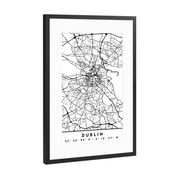 Poster mit Rahmen Schwarz (Metallic) "DUBLIN IRELAND BLACK CITY MAP" artboxONE - Städte,Schwarzweiß,Städte / Weitere,Kartografie