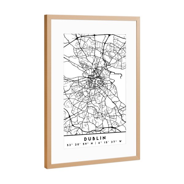 Poster mit Rahmen Kupfer "DUBLIN IRELAND BLACK CITY MAP" artboxONE - Städte,Schwarzweiß,Städte / Weitere,Kartografie - Dublin,Ireland,Map,Coordinates