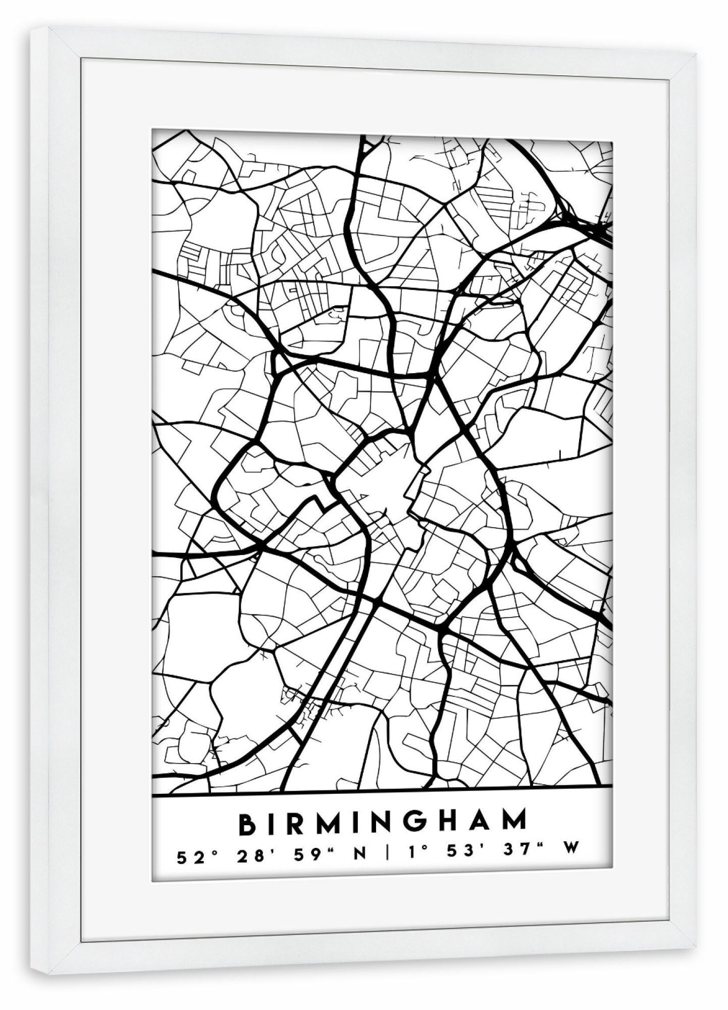 Poster mit Rahmen weiß "BIRMINGHAM ENGLAND CITY MAP" artboxONE - Städte,Schwarzweiß,Städte / Weitere,Kartografie
