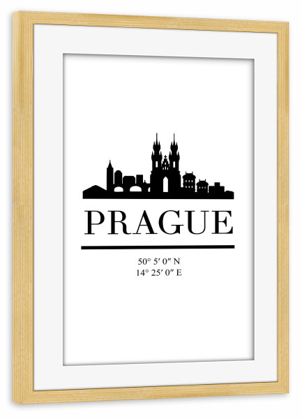 Poster mit Rahmen kiefer "PRAGUE CZECH REPUBLIC SKYLINE ART" artboxONE - Städte,Reise,Schwarzweiß,Städte / Prag,Kartografie