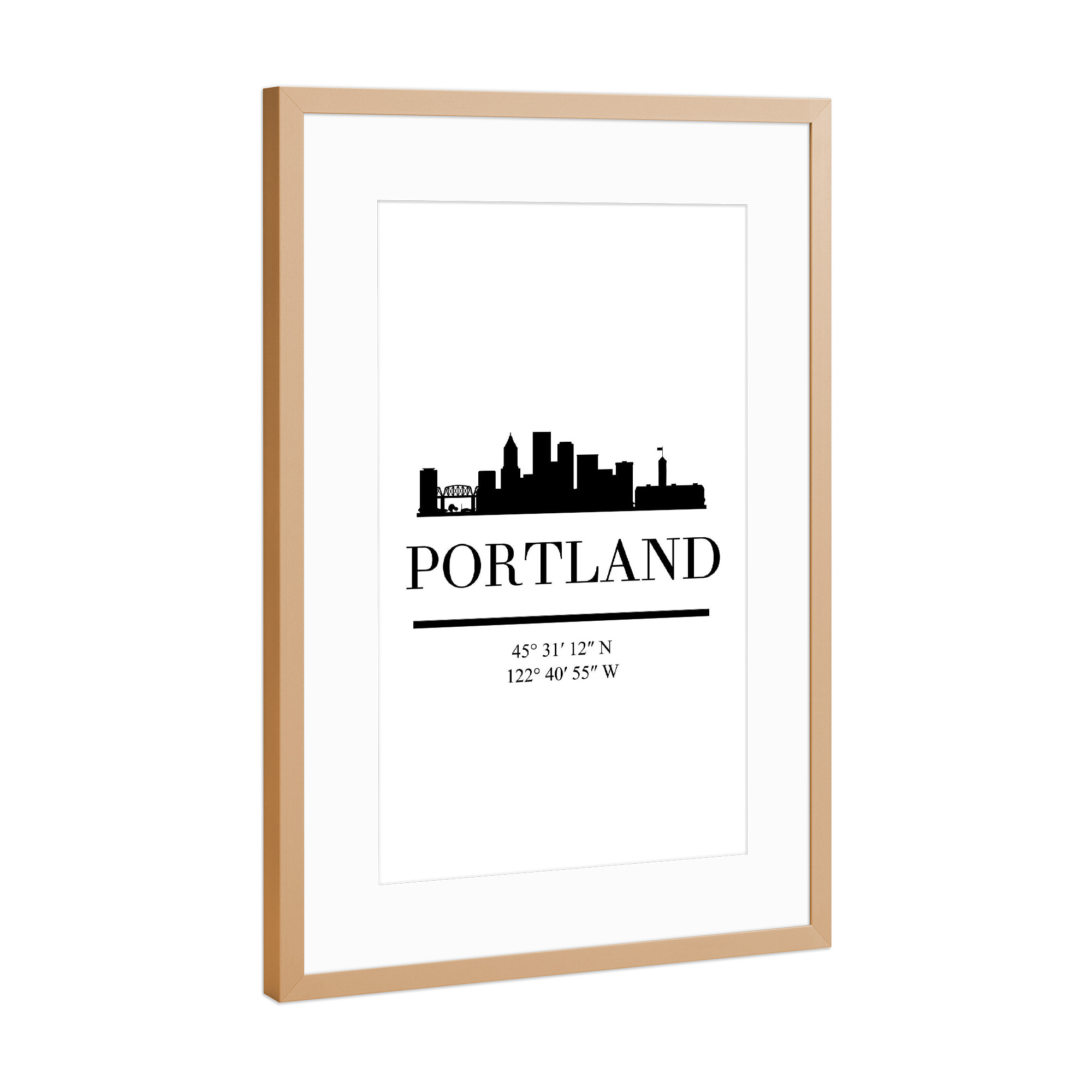 Poster mit Rahmen Kupfer "PORTLAND OREGON BLACK SKYLINE ART" artboxONE - Städte,Reise,Schwarzweiß,Städte / Weitere,Kartografie