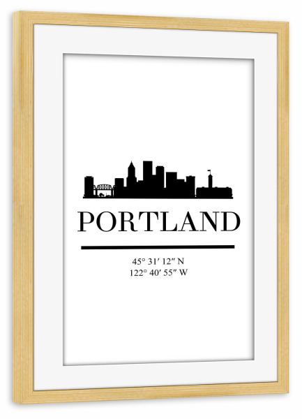 Poster mit Rahmen kiefer "PORTLAND OREGON BLACK SKYLINE ART" artboxONE - Städte,Reise,Schwarzweiß,Städte / Weitere,Kartografie