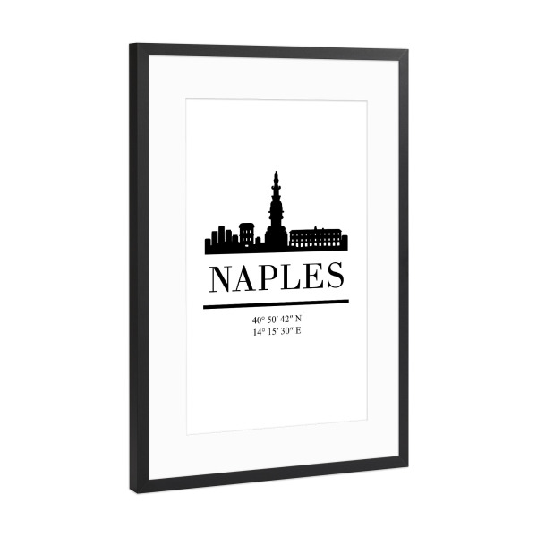 Poster mit Rahmen Schwarz (Metallic) "NAPLES ITALY BLACK SKYLINE ART" artboxONE - Städte,Schwarzweiß,Städte / Weitere