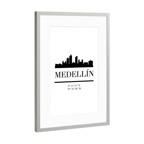 Poster mit Rahmen Silber "MEDELLIN COLOMBIA BLACK SKYLINE" artboxONE - Städte,Reise,Schwarzweiß,Städte / Weitere,Kartografie