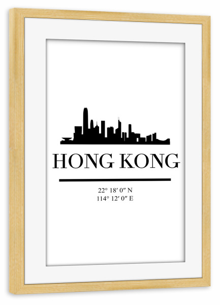 Poster mit Rahmen kiefer "HONG KONG CHINA BLACK SKYLINE ART" artboxONE - Städte,Schwarzweiß,Städte / Weitere
