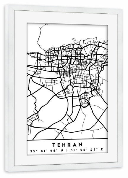 Poster mit Rahmen weiß "TEHRAN IRAN BLACK CITY MAP" artboxONE - Städte,Schwarzweiß,Städte / Weitere,Kartografie