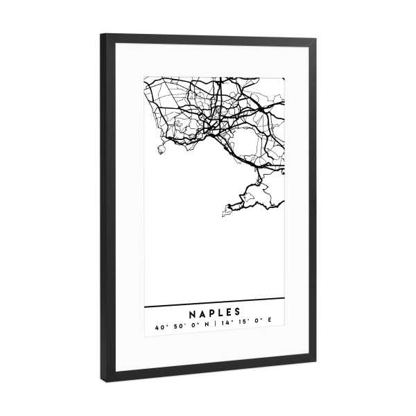 Poster mit Rahmen Schwarz (Metallic) "NAPLES ITALY BLACK CITY MAP" artboxONE - Städte,Schwarzweiß,Städte / Weitere,Kartografie
