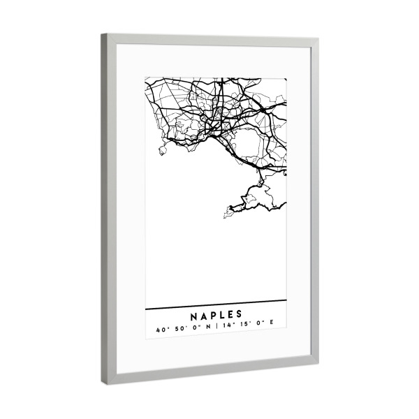Poster mit Rahmen Silber "NAPLES ITALY BLACK CITY MAP" artboxONE - Städte,Schwarzweiß,Städte / Weitere,Kartografie