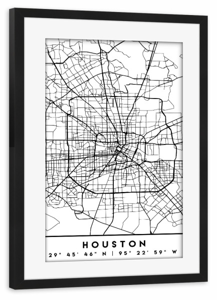 Poster mit Rahmen schwarz "HOUSTON TEXAS BLACK CITY MAP" artboxONE - Städte,Schwarzweiß,Städte / Weitere,Kartografie