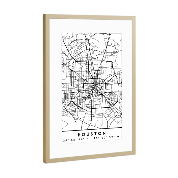 Poster mit Rahmen Gold "HOUSTON TEXAS BLACK CITY MAP" artboxONE - Städte,Schwarzweiß,Städte / Weitere,Kartografie