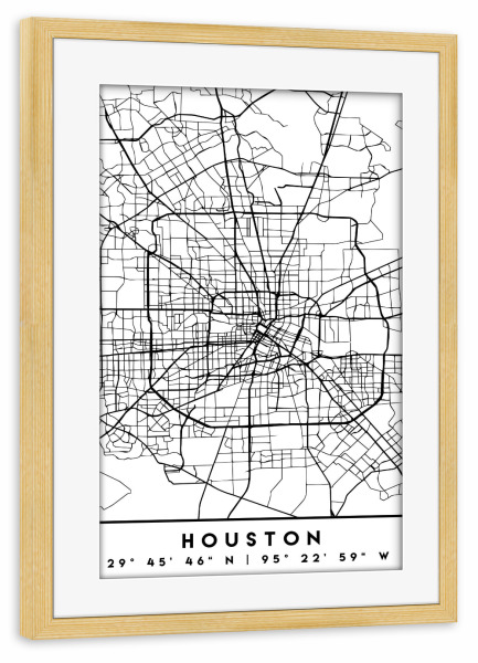 Poster mit Rahmen kiefer "HOUSTON TEXAS BLACK CITY MAP" artboxONE - Städte,Schwarzweiß,Städte / Weitere,Kartografie