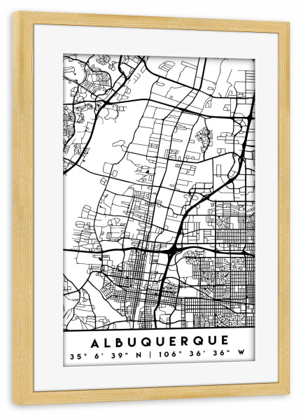 Poster mit Rahmen kiefer "ALBUQUERQUE NEW MEXICO BLACK MAP" artboxONE - Städte,Schwarzweiß,Städte / Weitere,Kartografie