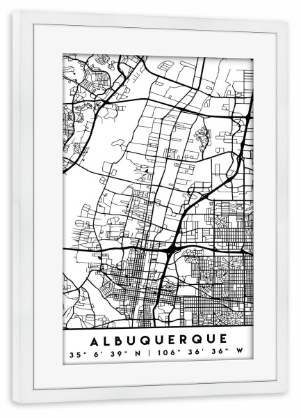 Poster mit Rahmen weiß "ALBUQUERQUE NEW MEXICO BLACK MAP" artboxONE - Städte,Schwarzweiß,Städte / Weitere,Kartografie