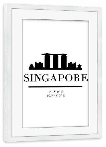 Poster mit Rahmen weiß "SINGAPORE BLACK SKYLINE ART" artboxONE - Städte,Schwarzweiß,Städte / Singapur - Singapore,Singapur,Asia,Skyline,Coordinates