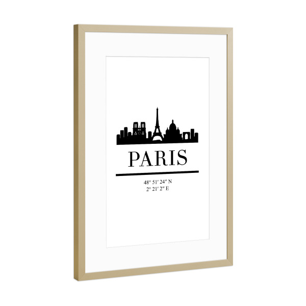 Poster mit Rahmen Gold "PARIS FRANCE BLACK SKYLINE ART" artboxONE - Städte,Schwarzweiß,Städte / Paris - Paris,France,Skyline,Coordinates