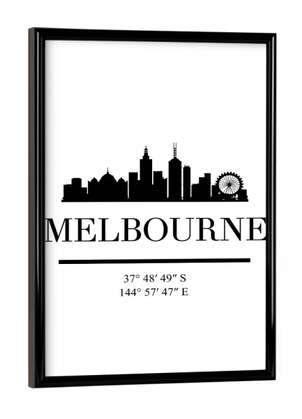 Poster mit schwarzem Rahmen "MELBOURNE AUSTRALIA BLACK SKYLINE" artboxONE - Städte,Schwarzweiß,Städte / Weitere