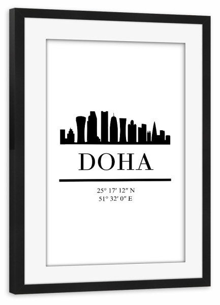 Poster mit Rahmen schwarz "DOHA QATAR BLACK SKYLINE ART" artboxONE - Städte,Reise,Schwarzweiß,Kartografie