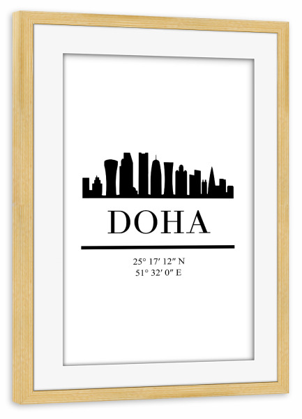 Poster mit Rahmen kiefer "DOHA QATAR BLACK SKYLINE ART" artboxONE - Städte,Reise,Schwarzweiß,Kartografie
