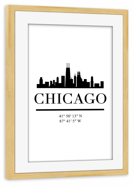 Poster mit Rahmen kiefer "CHICAGO ILLINOIS BLACK SKYLINE ART" artboxONE - Städte,Schwarzweiß,Städte / Chicago