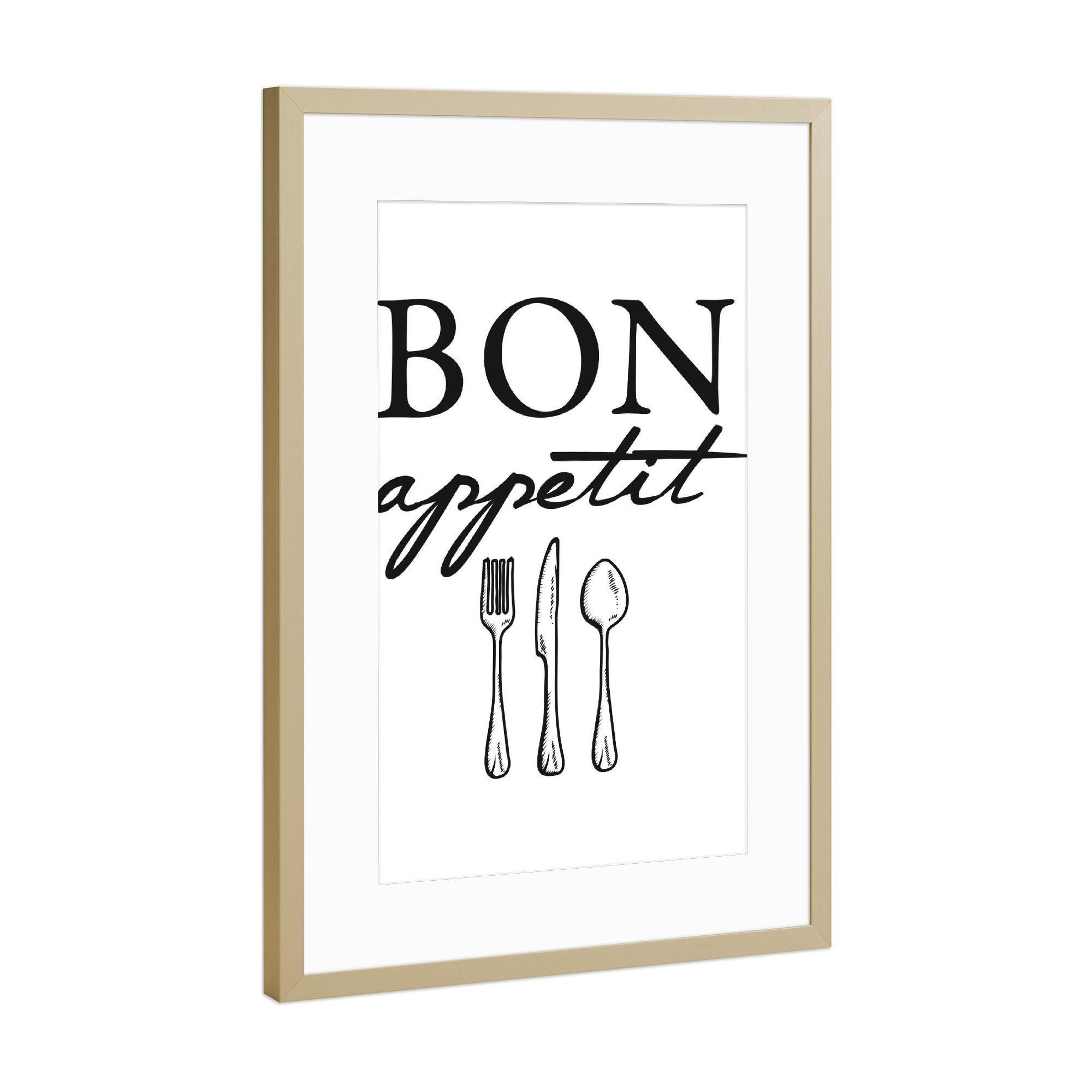 Poster mit Rahmen Gold "Bon appetit - Besteck" artboxONE - Typografie,Essen & Trinken,Schwarzweiß - Bon appetit,Küche,Esszimmer